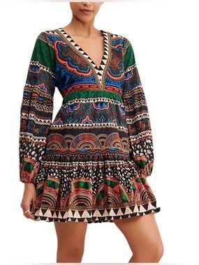 FARM Rio Printed Mini Dress Long Sleeve Boho Small
